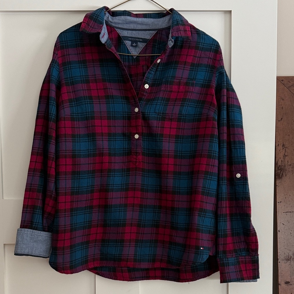Tommy Hilfiger Women’s Plaid Button-Up Shirt - Red and Blue
